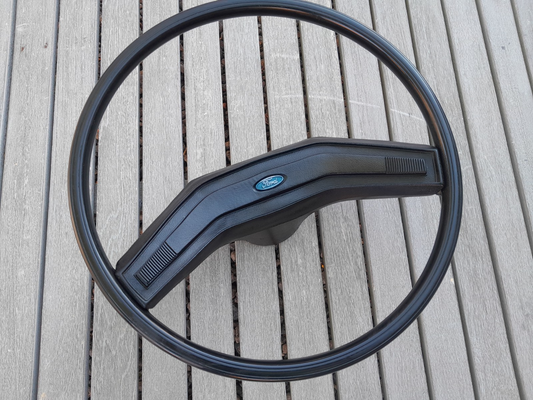 80-86 Ford F150 F250 F350 Bronco OE Steering Wheel (THIN RIM, BLUE MEDALLION)